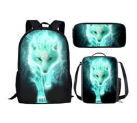 Amzbeauty Galaxy Wolf Backpack Set 3 Piece Teal Book Bag Shoulder Bag Pencil Case for Boys Girls 1-6th Grade Kids Back to School
