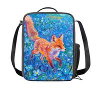 Amzbeauty Ladies Lunch Bag Insulated Lunch Bag Side Mesh Pocket Thermal Packed Food Tote Adults Kids Work School Picnic Outdoor Black Fox Print
