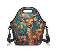 Amzbeauty Lunch Bag Kids Boys Lunch Box Bag Adult Adjustable Shoulder Strap Crossbody Meal Pack Food Container Storage Meal Bags Floral Sika Deer Print