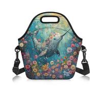 Amzbeauty Lunch Bag Kids Boys Women Men Adjustable Shoulder Strap Portable Lunch Box Tote Bags Work Boys Girls School Picnic Travel Flower Narwhal Print