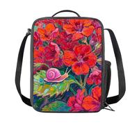 Amzbeauty Lunch Bag Kids Kids Adjustable Strap Insulated Lunch Box Wipe-Clean Lining Lightweight Durable Design School Travel Red Flower Snail Print