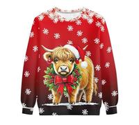 Amzbeauty Red Ugly Christmas Sweatshirts For Women Highland Cow Snowflake Print Sweatshirts Pullover Shirt Tops Xmas Costumes