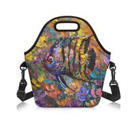 Amzbeauty School Lunch Bag Women Men Adjustable Shoulder Strap Portable Lunch Box Tote Bags Work Boys Girls School Picnic Travel Flower Angelfish Print