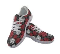 Amzbeauty Women Sneakers Lightweight Breathable Mesh Low-Top Design for Casual Daily Wear Walking Office Shopping Spring Summer Outfits Red White Rose Print
