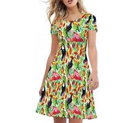 Amzbeauty Women's Hawaiian Print Tropical Parrot Dress Short Sleeve Floral Green Dress A-Line Swing Party Dress