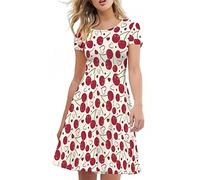 Amzbeauty Women's White Cherry Dress Summer Short Sleeve Empire Waist Fit and Flare A-Line Mini Swing Skater Dress