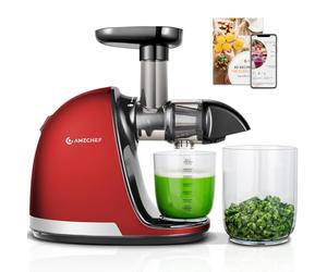 AMZCHEF Cold Press Juicer Machines, Slow Masticating Juicers for Whole Fruits and Vegetables, High Juice Yield, with 2 Cups and Recipe, Bright Red