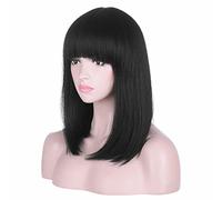 AMZCOS 15 Inch Short Straight Black Bob Wig with Bangs | Natural Heat Resistant Synthetic Hair for Women