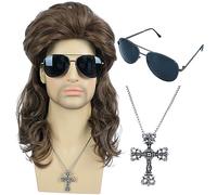 AMZCOS 80s Mullet Wigs for Men - Retro 80s Fashion Heavy Metal Rock-Rocker Hairstyle Wigs - Perfect for Themed Party, Role-Playing, Halloween, Cosplay, and Costume Contests (Brown)