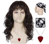 AMZCOS Eddie Munson Wig with Bandana and Necklace 80s Rocker Wigs Long Brown Hair Wig for Mens Themed Party, Halloween and Cosplay