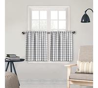 Amzdecor 2 Tier Curtains for Kitchen Cafe Bathroom, Buffalo Check Gingham Curtains, Linen Short Rod Pocket Curtains, 28" W x 30" L, Silver/Grey, Set of 2