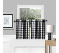 Amzdecor Buffalo Check Tier Curtains for Kitchen, Thick Yarn Dyed Buffalo Plaid Gingham Rod Pocket Farmhouse Cafe Bathroom Curtains, Short Kitchen Window Curtains, 28" W x 36" L, Black/White, Set of 2