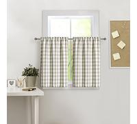 Amzdecor Linen Buffalo Check Tier Curtains for Kitchen, Thick Yarn Dyed Buffalo Plaid Gingham Rod Pocket Cafe Bathroom Curtain, Short Kitchen Window Curtain Sets, 28" W x 36" L, Linen/White, Set of 2