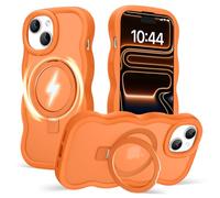 Amzfield for iPhone 13 Case for iPhone 14 Case, Compatible with Magsafe Invisible Magnetic Ring Stand Wavy Frame Cute Translucent Hard Back Silicone Bumper Shockproof Phone Case Women Girls, Orange