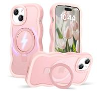 Amzfield for iPhone 13 Case for iPhone 14 Case, Compatible with Magsafe Invisible Magnetic Ring Stand Wavy Frame Cute Translucent Hard Back Silicone Bumper Shockproof Phone Case Women Girls, Pink