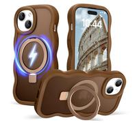 Amzfield for iPhone 13 Case for iPhone 14 Case, Compatible with Magsafe Invisible Magnetic Ring Stand Wavy Frame Cute Translucent Hard Back Silicone Bumper Shockproof Phone Case Women Girls, Brown