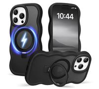 Amzfield for iPhone 13 Pro Case, Compatible with Magsafe with Invisible Magnetic Ring Stand Wavy Frame Cute Translucent Matte Hard Back Silicone Bumper Shockproof Phone Case Women Girls, Black