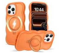 Amzfield for iPhone 14 Pro Max Case, Compatible with Magsafe with Invisible Magnetic Ring Stand Wavy Frame Cute Translucent Hard Back Silicone Bumper Shockproof Phone Case Women Girls, Orange