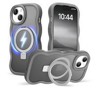 Amzfield for iPhone 15 Case, Compatible with Magsafe with Invisible Magnetic Ring Stand Wavy Frame Cute Translucent Matte Hard Back Silicone Bumper Shockproof Phone Case Women Girls, Grey
