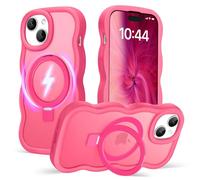 Amzfield for iPhone 15 Plus Case for iPhone 14 Plus Case, Compatible with Magsafe Invisible Magnetic Ring Stand Wavy Frame Cute Hard Back Silicone Bumper Shockproof Phone Case Women Girls, Hot Pink