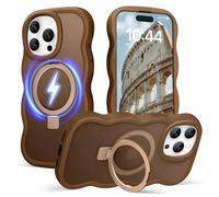 Amzfield for iPhone 15 Pro Case, Compatible with Magsafe with Invisible Magnetic Ring Stand Wavy Frame Cute Translucent Matte Hard Back Silicone Bumper Shockproof Phone Case Women Girls, Brown