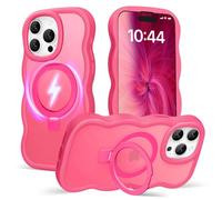 Amzfield for iPhone 15 Pro Max Case, Compatible with Magsafe with Invisible Magnetic Ring Stand Wavy Frame Cute Translucent Matte Hard Back Silicone Bumper Shockproof Phone Case Women Girls, Hot Pink