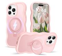 Amzfield for iPhone 15 Pro Max Case, Compatible with Magsafe with Invisible Magnetic Ring Stand Wavy Frame Cute Translucent Matte Hard Back Silicone Bumper Shockproof Phone Case Women Girls, Pink