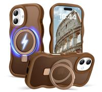 Amzfield for iPhone 16 Case, Compatible with Magsafe with Invisible Magnetic Ring Stand Wavy Frame Cute Translucent Matte Hard Back Silicone Bumper Shockproof Phone Case Women Girls, Brown