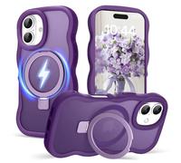 Amzfield for iPhone 16 Plus Case, Compatible with Magsafe with Invisible Magnetic Ring Stand Wavy Frame Cute Translucent Matte Hard Back Silicone Bumper Shockproof Phone Case Women Girls, Dark Purple
