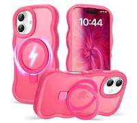 Amzfield for iPhone 16 Plus Case, Compatible with Magsafe with Invisible Magnetic Ring Stand Wavy Frame Cute Translucent Matte Hard Back Silicone Bumper Shockproof Phone Case Women Girls, Hot Pink