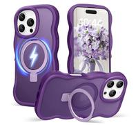 Amzfield for iPhone 16 Pro Max Case, Compatible with Magsafe with Invisible Magnetic Ring Stand Wavy Frame Cute Translucent Hard Back Silicone Bumper Shockproof Phone Case Women Girls, Dark Purple
