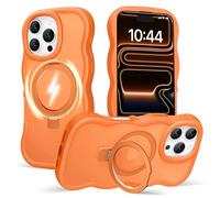 Amzfield for iPhone 16 Pro Max Case, Compatible with Magsafe with Invisible Magnetic Ring Stand Wavy Frame Cute Matte Translucent Hard Back Silicone Bumper Shockproof Phone Case Women Girls, Orange