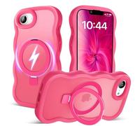 Amzfield for iPhone 16e Case, Compatible with Magsafe with Invisible Magnetic Ring Stand Wavy Frame Cute Translucent Matte Hard Back Silicone Bumper Shockproof Phone Case Women Girls, Hot Pink
