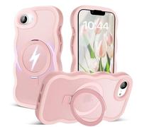 Amzfield for iPhone 16e Case, Compatible with Magsafe with Invisible Magnetic Ring Stand Wavy Frame Cute Translucent Matte Hard Back Silicone Bumper Shockproof Phone Case Women Girls, Pink