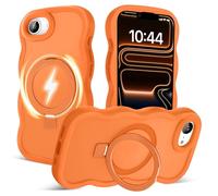 Amzfield for iPhone 16e Case, Compatible with Magsafe with Invisible Magnetic Ring Stand Wavy Frame Cute Matte Translucent Hard Back Silicone Bumper Shockproof Phone Case Women Girls, Orange