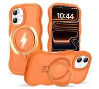 Amzfield for iPhone 17 Case, Compatible with Magsafe with Invisible Magnetic Ring Stand Wavy Frame Cute Matte Translucent Hard Back Silicone Bumper Shockproof Phone Case Women Girls, Orange