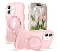 Amzfield for iPhone 17 Case, Compatible with Magsafe with Invisible Magnetic Ring Stand Wavy Frame Cute Translucent Matte Hard Back Silicone Bumper Shockproof Phone Case Women Girls, Pink