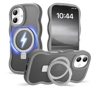 Amzfield for iPhone 17 Case, Compatible with Magsafe with Invisible Magnetic Ring Stand Wavy Frame Cute Translucent Matte Hard Back Silicone Bumper Shockproof Phone Case Women Girls, Grey