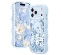 Amzfield for iPhone 17 Pro Max Case, Compatible with MagSafe [Full Camera Protection] Curly Wavy Frame Cute Floral Design Silicone Bumper Aesthetic Phone Case for iPhone 17 Promax, Campanula Blue
