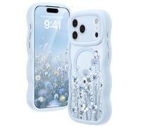 Amzfield for iPhone 17 Pro Max Case, Compatible with MagSafe [Full Camera Protection] Curly Wavy Frame Cute Floral Design Silicone Bumper Aesthetic Phone Case for iPhone 17 Promax, Autumnflit Blue