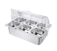 AMZGSHOP 6 Pan Countertop Food Serving Display Container with Clear Roll Top Cover Ice Cooled Food Display Rack Pans for Restaurant Hotel Kitchen Party