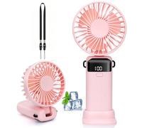 AMZINPRO Handheld Fan,Portable USB Rechargeable Fans with 5 Speeds,Electric Mini Fan Foldable Desk Fans with LED Display for Home Office Bedroom Outdoor Travel（Pink）