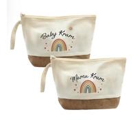 AmzLinkal Pack of 2 Mum Gift with Zip - Mum Bag for Expecting Mothers - Mama Kram Baby Kram - Gift for Birth or Baby Shower - Patchwork Linen Changing Bag for Mum and Baby, White, Contemporary