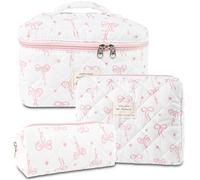 AMZMA 3Pcs Quilted Makeup Bag, Cute Floral Cotton Cosmetic Bag set, Coquette Bow Makeup Pouch Large Travel Toiletry Bag, Pink bow3