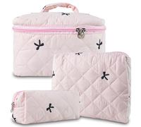 AMZMA 3Pcs Quilted Makeup Bag, Cute Floral Cotton Cosmetic Bag set, Coquette Bow Makeup Pouch Large Travel Toiletry Bag, Pink bow