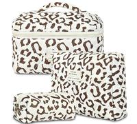 AMZMA 3Pcs Quilted Makeup Bag for Women, Large Travel Makeup Bag Set, Cute Aesthetic Cosmetic Bags, Floral Cotton Makeup Pouch Coquette Toiletry Organizer Bag, Brown leopard print