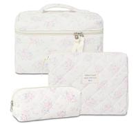 AMZMA Makeup Bag, 3 PCS Quilted Makeup Bag, Cute Floral Cotton Cosmetic Bag set, Coquette Makeup Pouch Large Travel Toiletry Bag, Flowers1-Light Pink