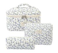 AMZMA Makeup Bag, 3 PCS Quilted Makeup Bag, Cute Floral Cotton Cosmetic Bag set, Coquette Makeup Pouch Large Travel Toiletry Bag, Flowers2-Blue