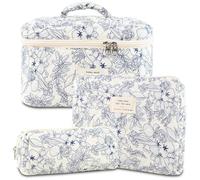 AMZMA Makeup Bag, 3 PCS Quilted Makeup Bag, Cute Floral Cotton Cosmetic Bag set, Coquette Makeup Pouch Large Travel Toiletry Bag, Navy Blue