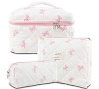 AMZMA Makeup Bag, 3 PCS Quilted Makeup Bag, Cute Floral Cotton Cosmetic Bag set, Coquette Makeup Pouch Large Travel Toiletry Bag, Bow2-Pink